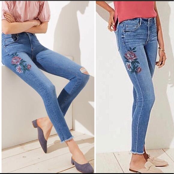 LOFT Modern Skinny Raw Hem Painted Floral Jeans - Picture 1 of 12